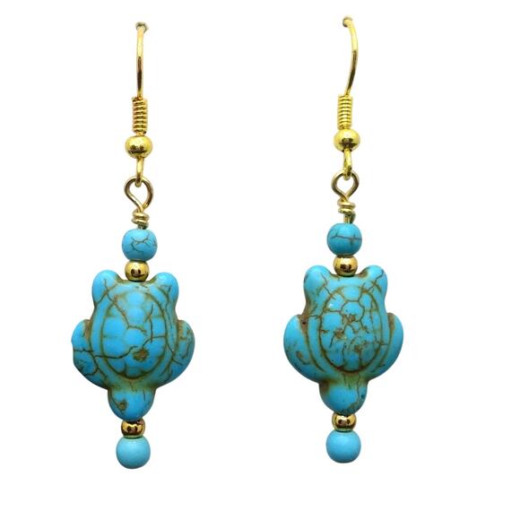 Artisan Sea Turtle Dangle Earrings Turquoise Howlite Gold Tone Accents Beach NEW - Picture 1 of 9